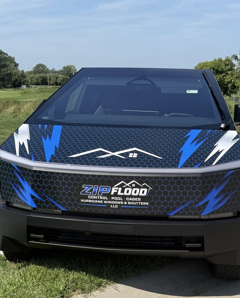 Front view of the Zip Flood Control Cybertruck showing the company logo